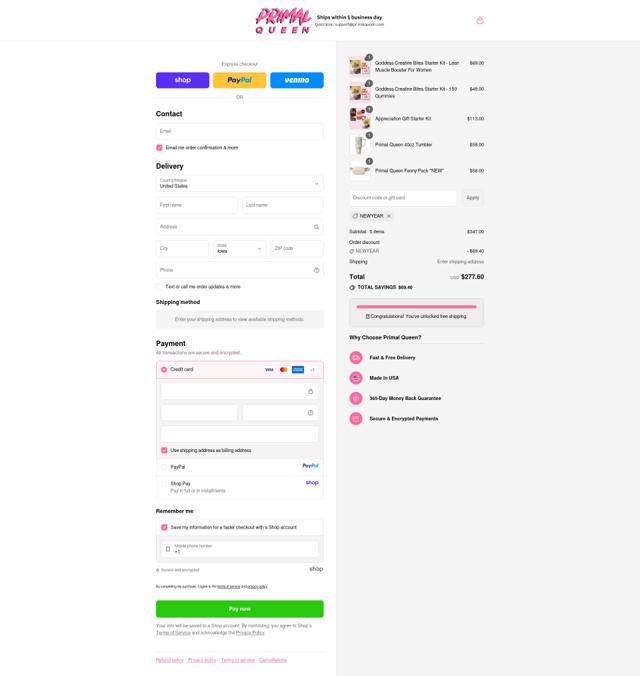 Primal Queen checkout page showing Primal Queen discount code box | Screenshot taken by SimplyCodes community member on Sep 10, 2025