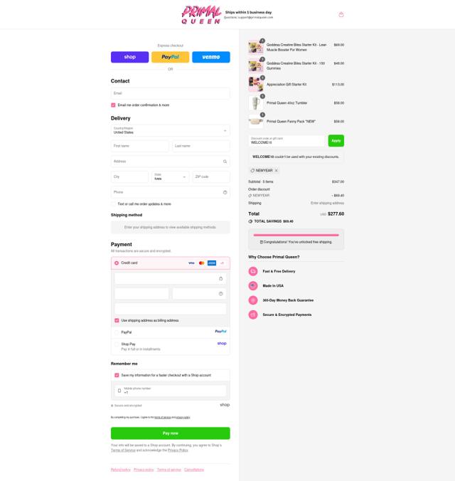 Primal Queen checkout page showing Primal Queen discount code box | Screenshot taken by SimplyCodes community member on Sep 10, 2025