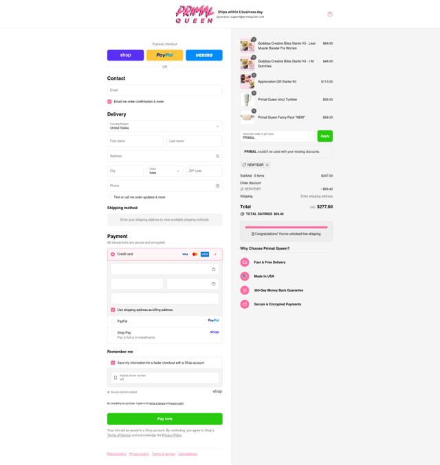 Primal Queen checkout page showing Primal Queen discount code box | Screenshot taken by SimplyCodes community member on Sep 10, 2025