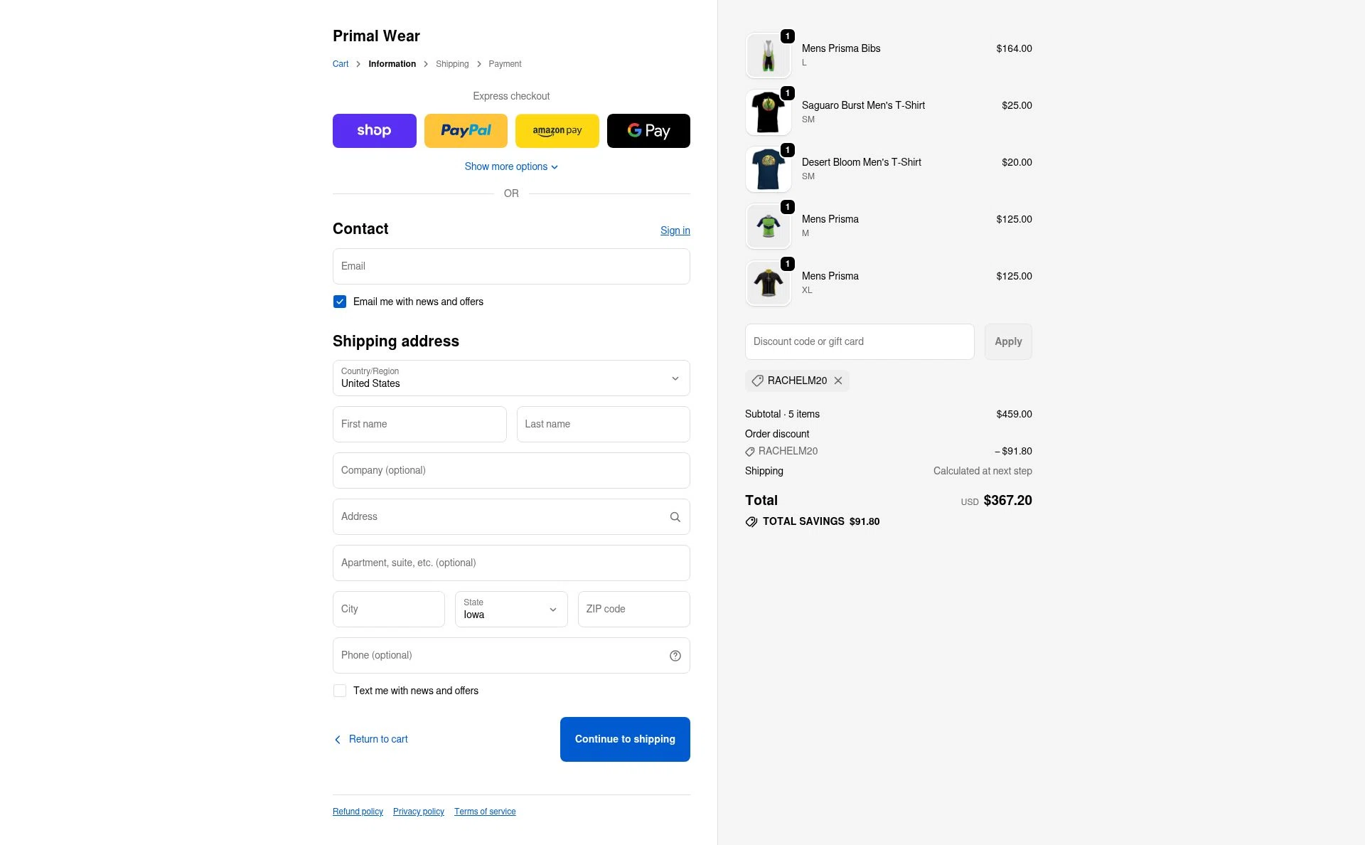 Primal Wear checkout page showing Primal Wear discount code box | Screenshot taken by SimplyCodes community member on Feb 5, 2026