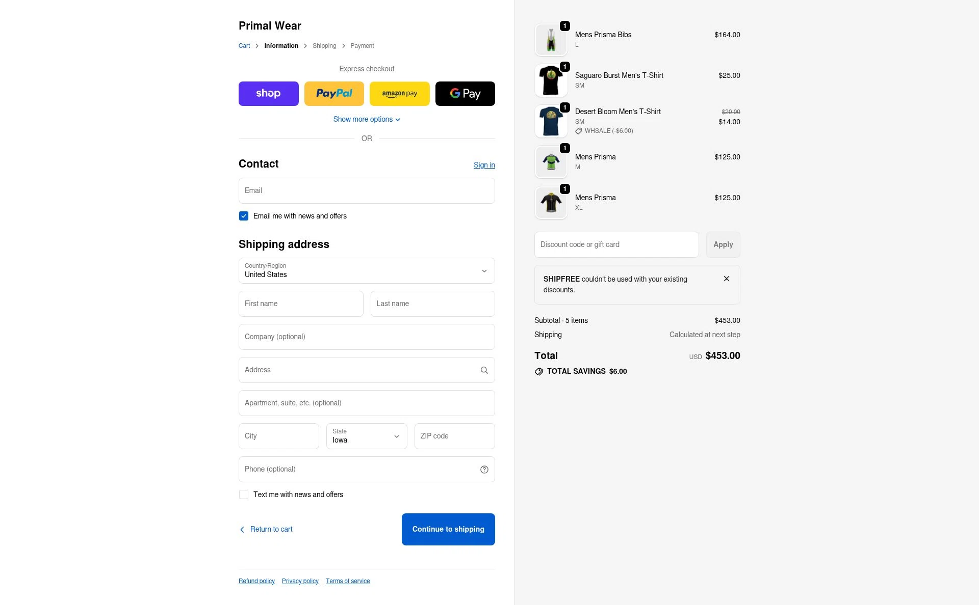Primal Wear checkout page showing Primal Wear discount code box | Screenshot taken by SimplyCodes community member on Feb 5, 2026