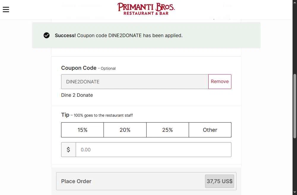 Primanti Bros checkout page showing Primanti Bros coupon code box | Screenshot taken by SimplyCodes community member on Dec 23, 2025