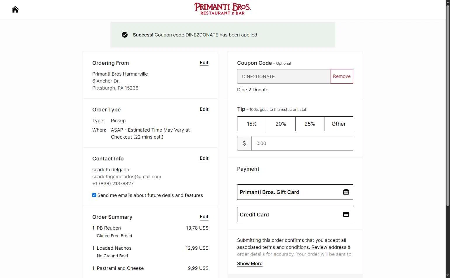 Primanti Bros checkout page showing Primanti Bros coupon code box | Screenshot taken by SimplyCodes community member on Jun 5, 2025