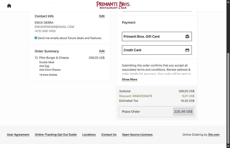Primanti Bros checkout page showing Primanti Bros coupon code box | Screenshot taken by SimplyCodes community member on Nov 24, 2025