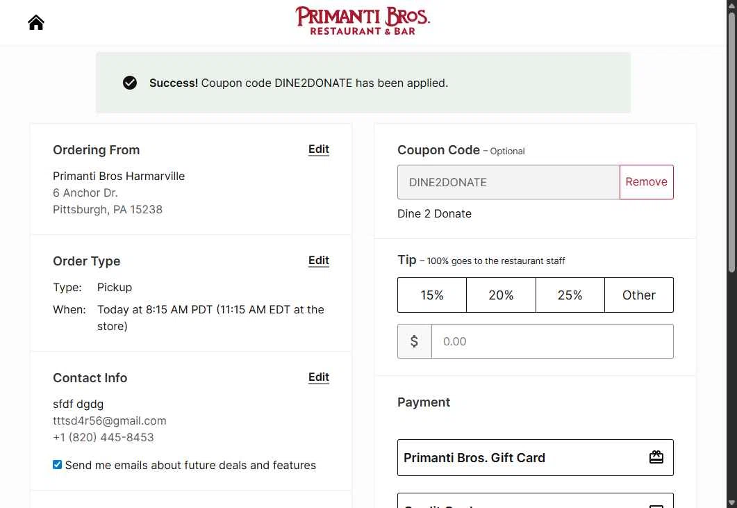 Primanti Bros checkout page showing Primanti Bros coupon code box | Screenshot taken by SimplyCodes community member on Jul 16, 2025