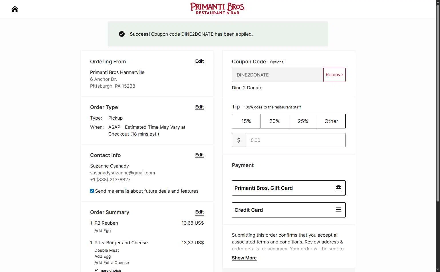 Primanti Bros checkout page showing Primanti Bros coupon code box | Screenshot taken by SimplyCodes community member on Aug 14, 2025