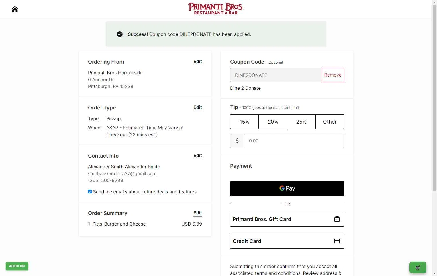 Primanti Bros checkout page showing Primanti Bros coupon code box | Screenshot taken by SimplyCodes community member on Nov 19, 2025