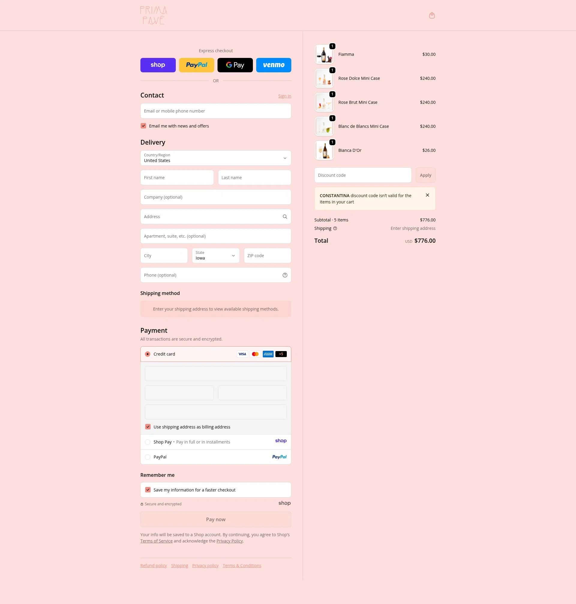 Prima Pave checkout page showing Prima Pave promo code box | Screenshot taken by SimplyCodes community member on Jan 5, 2026