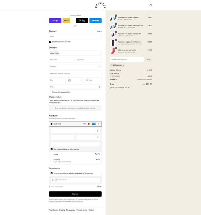 Primary checkout page showing Primary promo code box | Screenshot taken by SimplyCodes community member on Sep 12, 2025