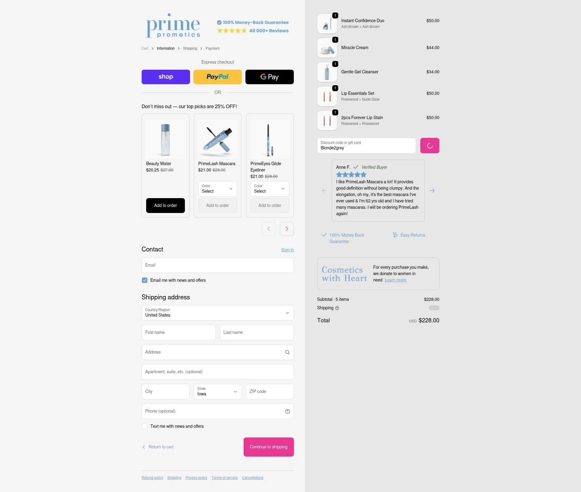 PrimeCausemetics checkout page showing PrimeCausemetics promo code box | Screenshot taken by SimplyCodes community member on Feb 13, 2026