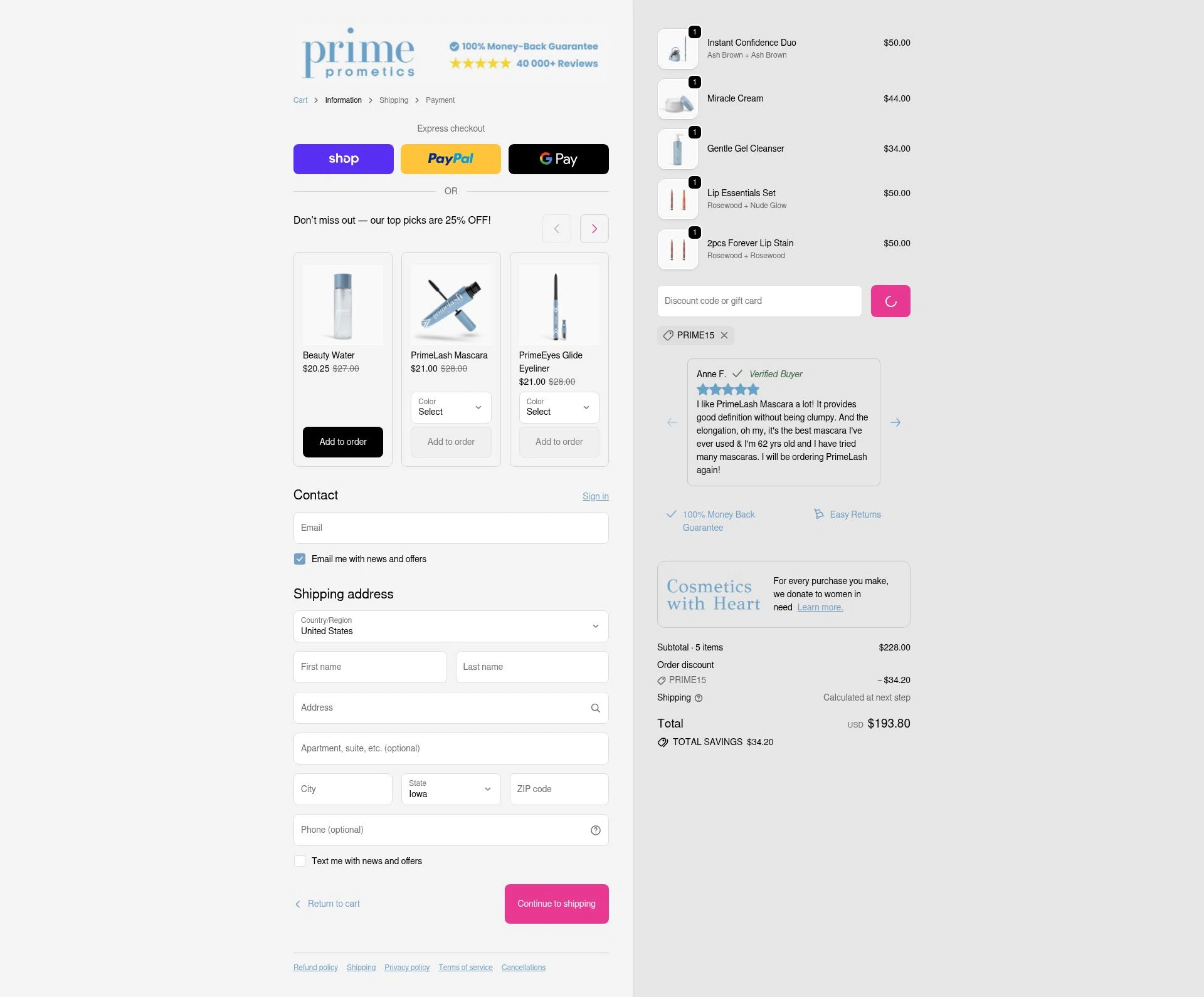 PrimeCausemetics checkout page showing PrimeCausemetics promo code box | Screenshot taken by SimplyCodes community member on Feb 8, 2026
