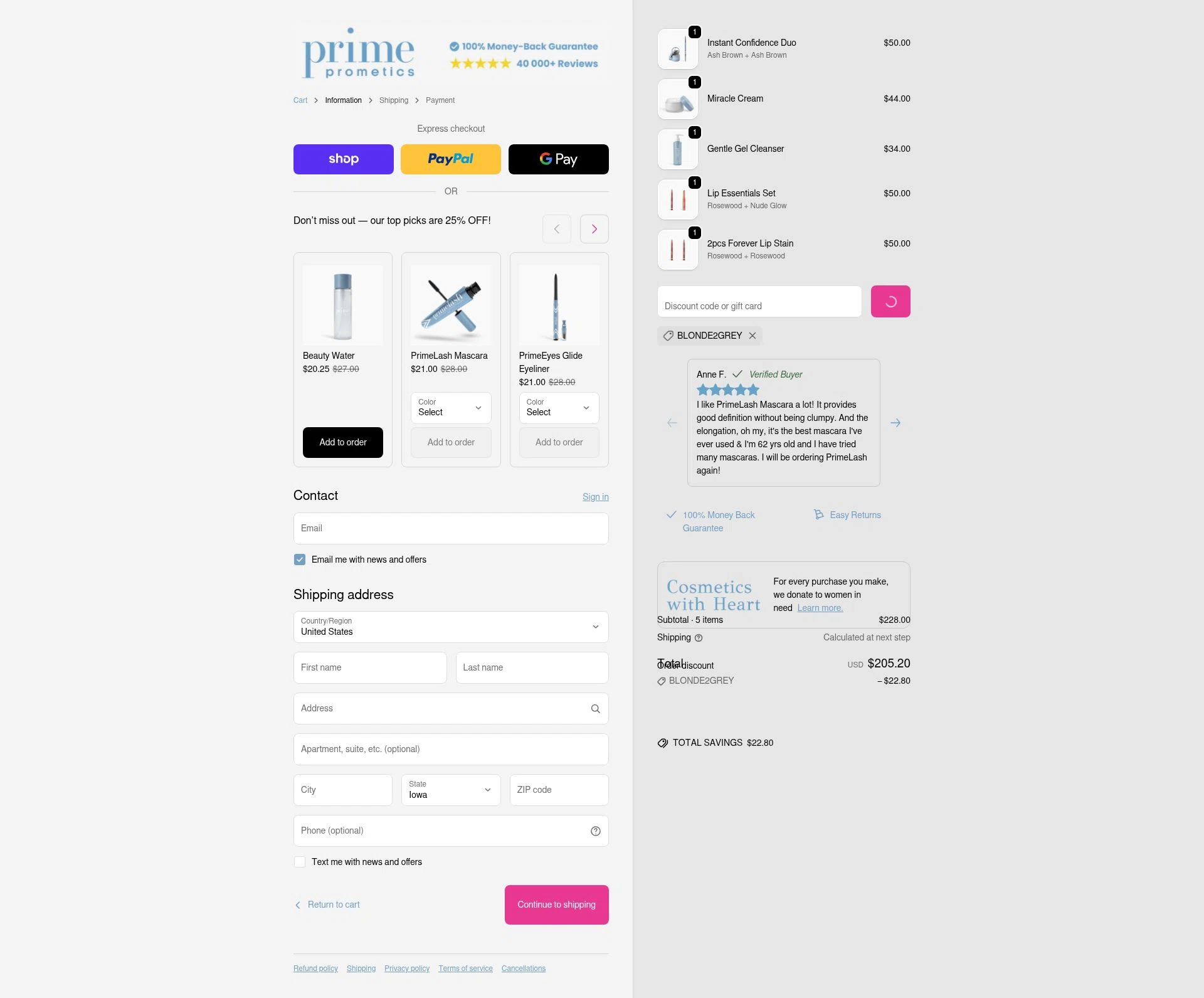 PrimeCausemetics checkout page showing PrimeCausemetics promo code box | Screenshot taken by SimplyCodes community member on Feb 8, 2026