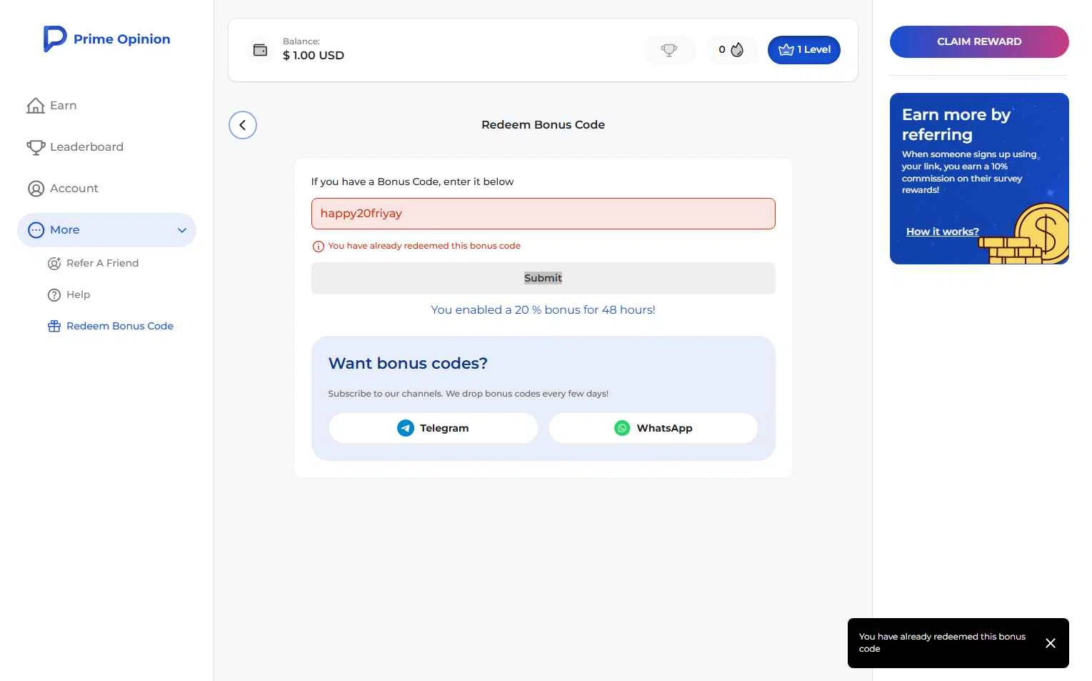 Prime Opinion US checkout page showing Prime Opinion US promo code box | Screenshot taken by SimplyCodes community member on Dec 12, 2025