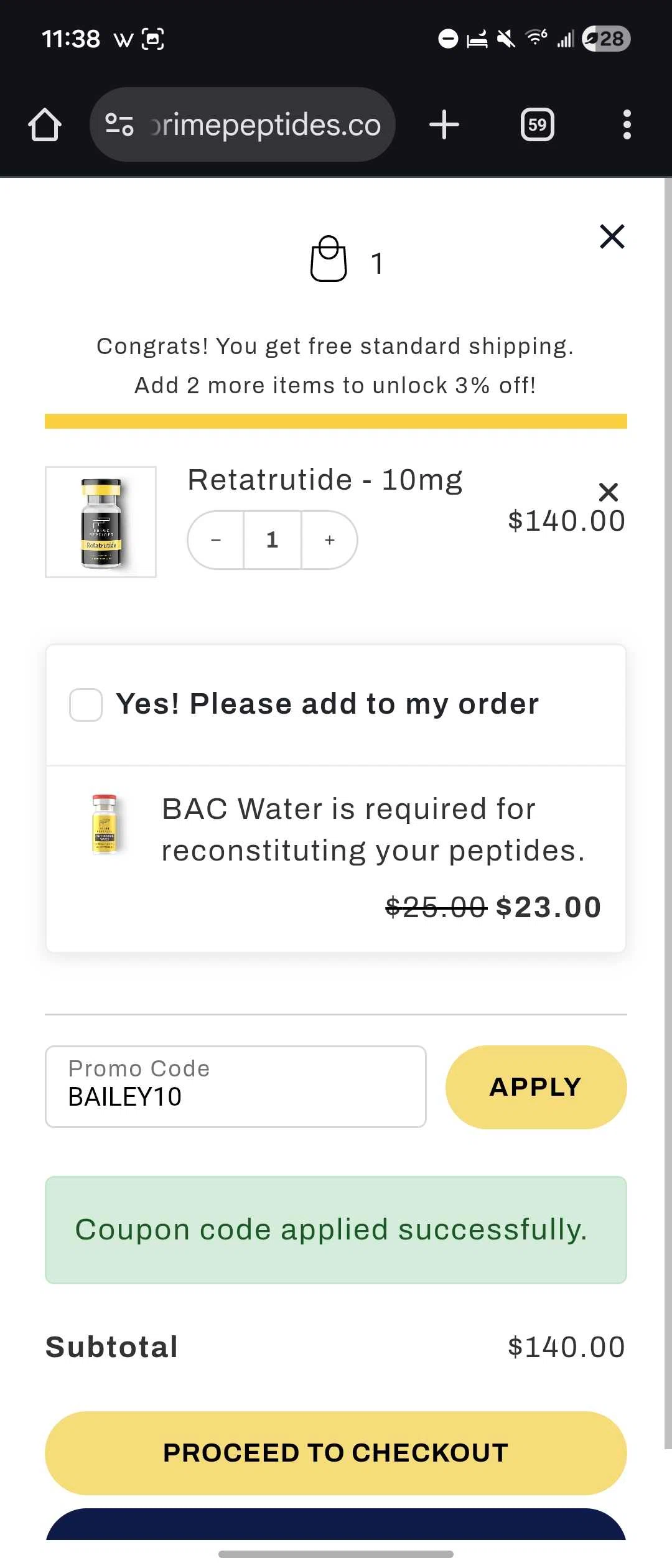 Prime Peptides discount code screenshot showing code BAILEY10 applied at Prime Peptides checkout page. Uploaded by SimplyCodes community member Michael67 on Jan 5, 2026