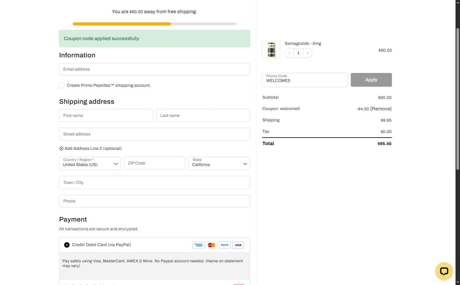 Prime Peptides checkout page showing Prime Peptides discount code box | Screenshot taken by SimplyCodes community member on Nov 18, 2025