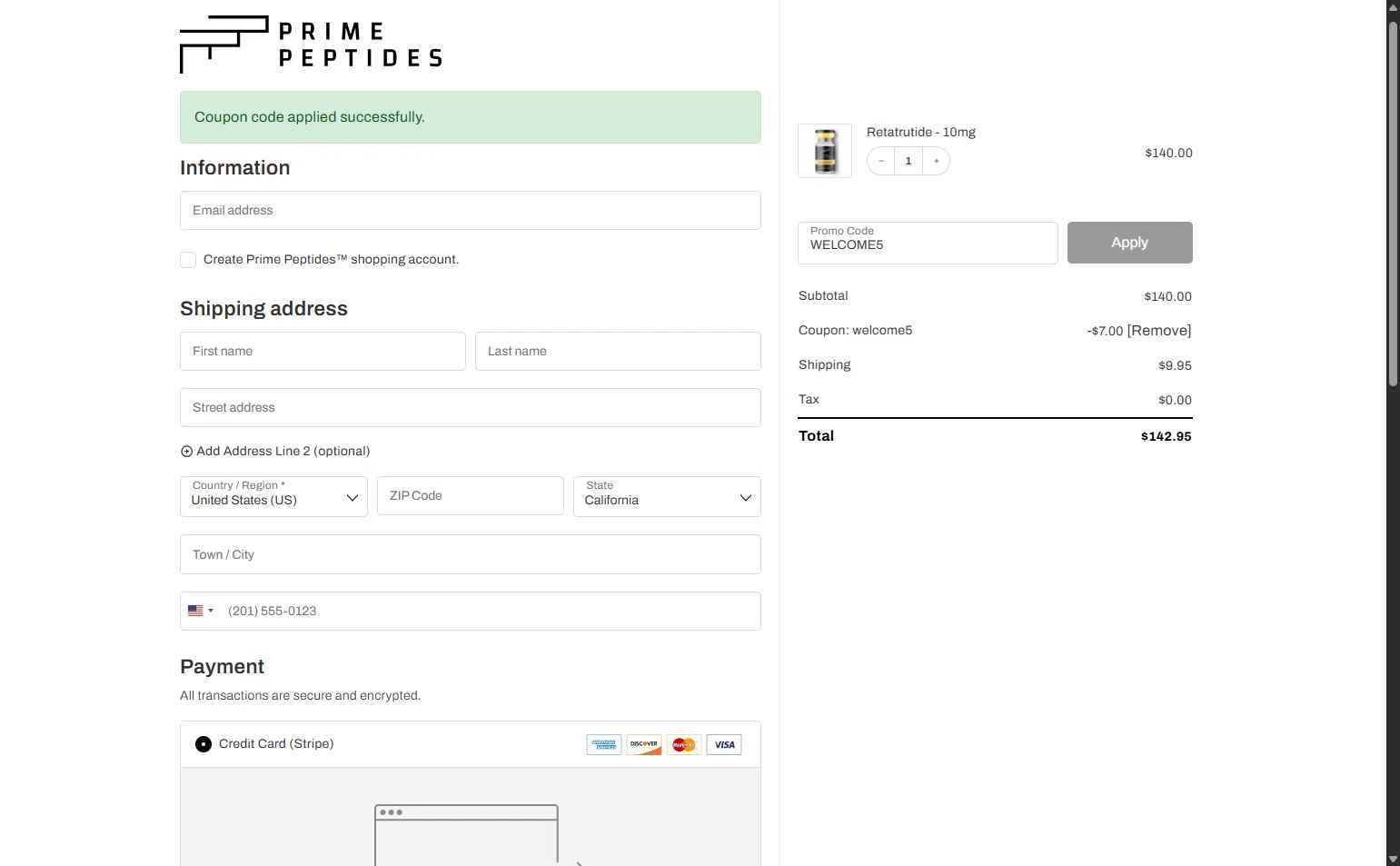 Prime Peptides checkout page showing Prime Peptides discount code box | Screenshot taken by SimplyCodes community member on Jan 21, 2026