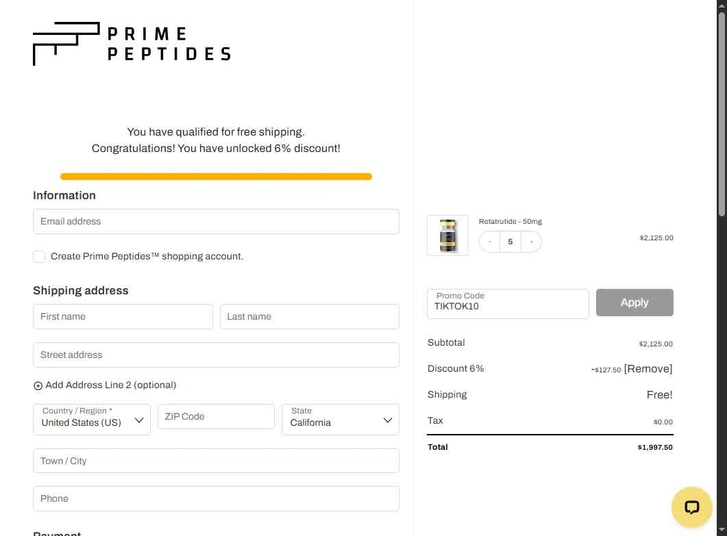 Prime Peptides checkout page showing Prime Peptides discount code box | Screenshot taken by SimplyCodes community member on Sep 29, 2025