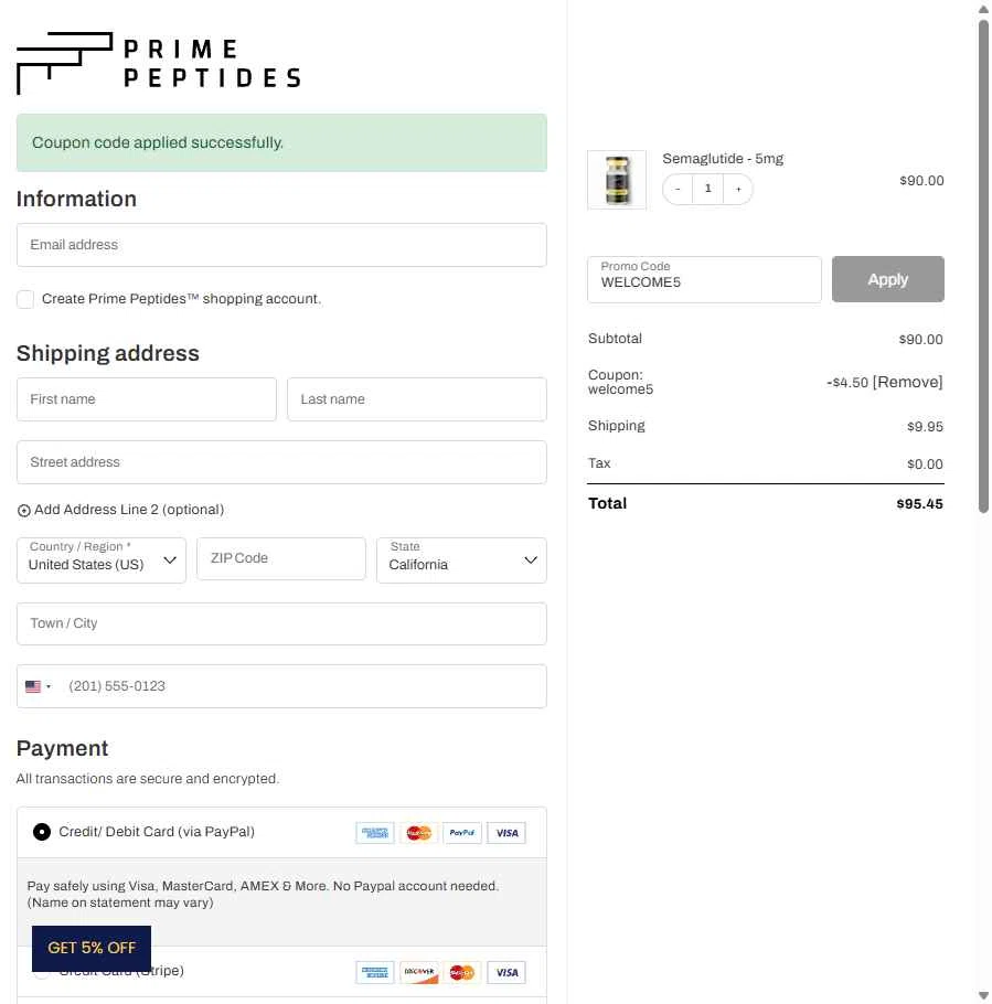 Prime Peptides checkout page showing Prime Peptides discount code box | Screenshot taken by SimplyCodes community member on Jan 12, 2026