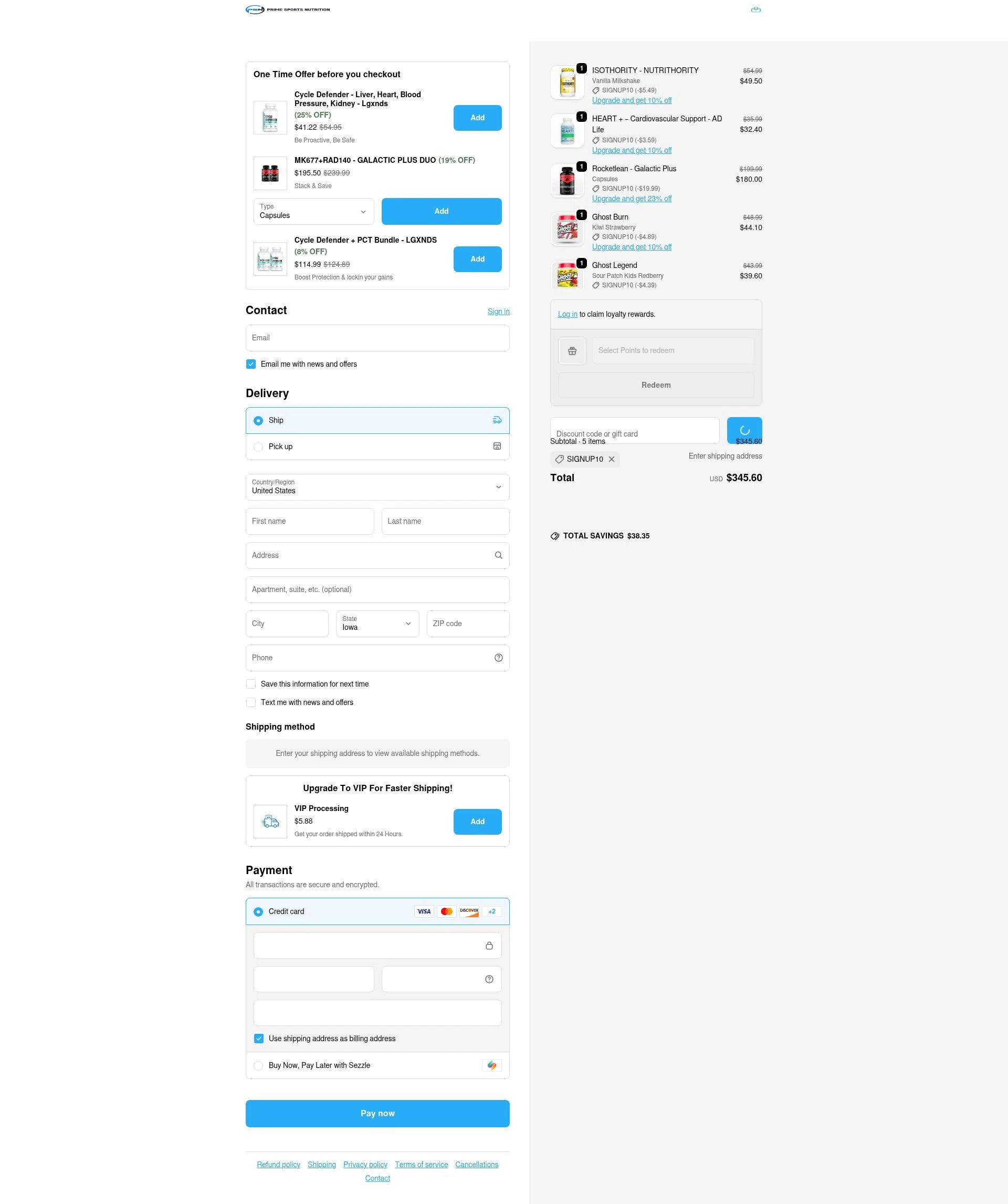 Prime Sports Nutrition checkout page showing Prime Sports Nutrition discount code box | Screenshot taken by SimplyCodes community member on Feb 11, 2026