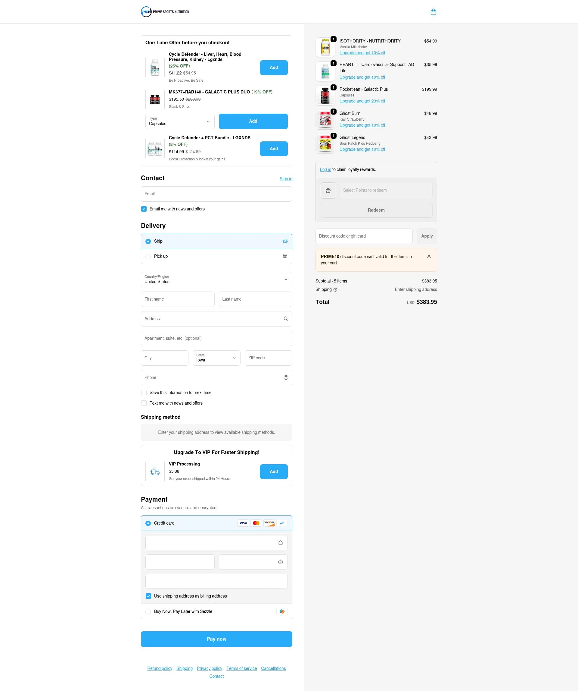 Prime Sports Nutrition checkout page showing Prime Sports Nutrition discount code box | Screenshot taken by SimplyCodes community member on Feb 11, 2026