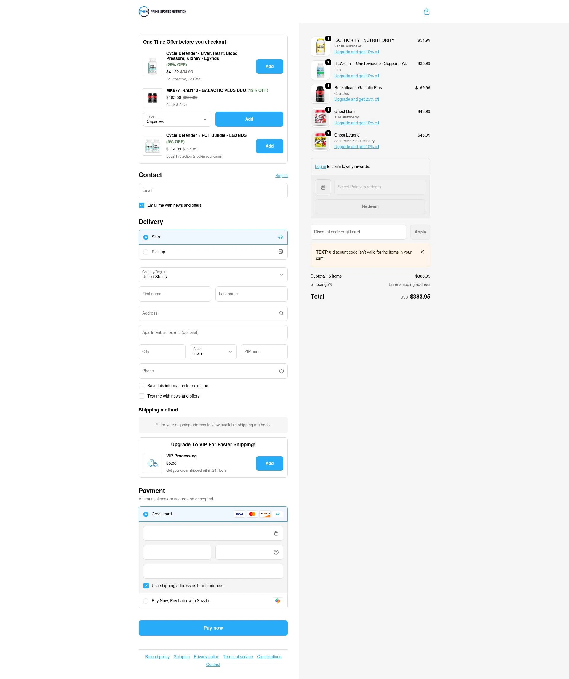 Prime Sports Nutrition checkout page showing Prime Sports Nutrition discount code box | Screenshot taken by SimplyCodes community member on Feb 11, 2026
