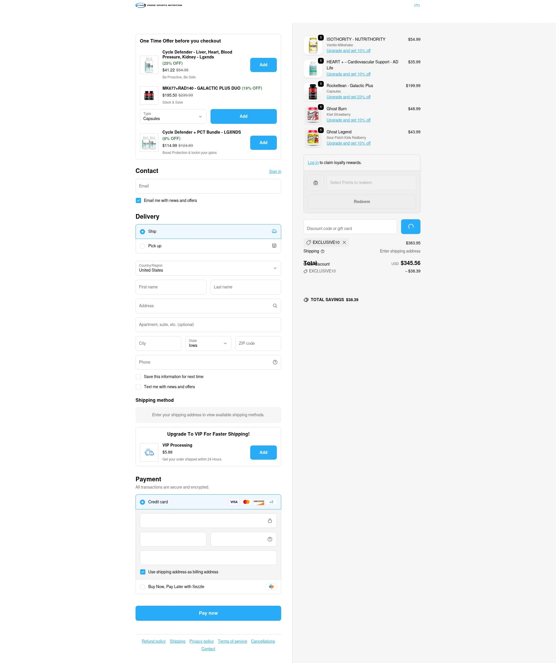 Prime Sports Nutrition checkout page showing Prime Sports Nutrition discount code box | Screenshot taken by SimplyCodes community member on Feb 11, 2026