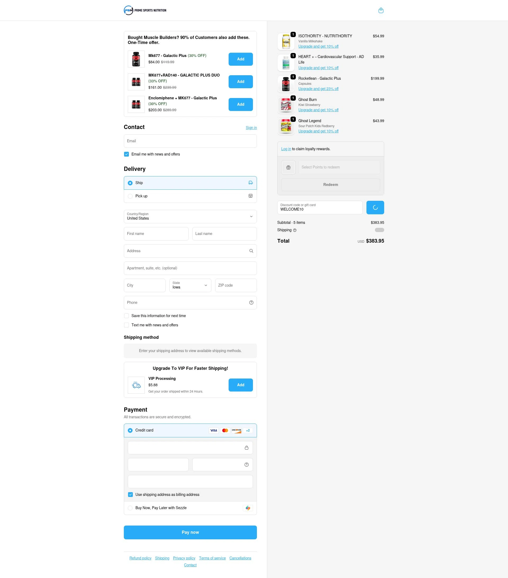 Prime Sports Nutrition checkout page showing Prime Sports Nutrition discount code box | Screenshot taken by SimplyCodes community member on Feb 7, 2026