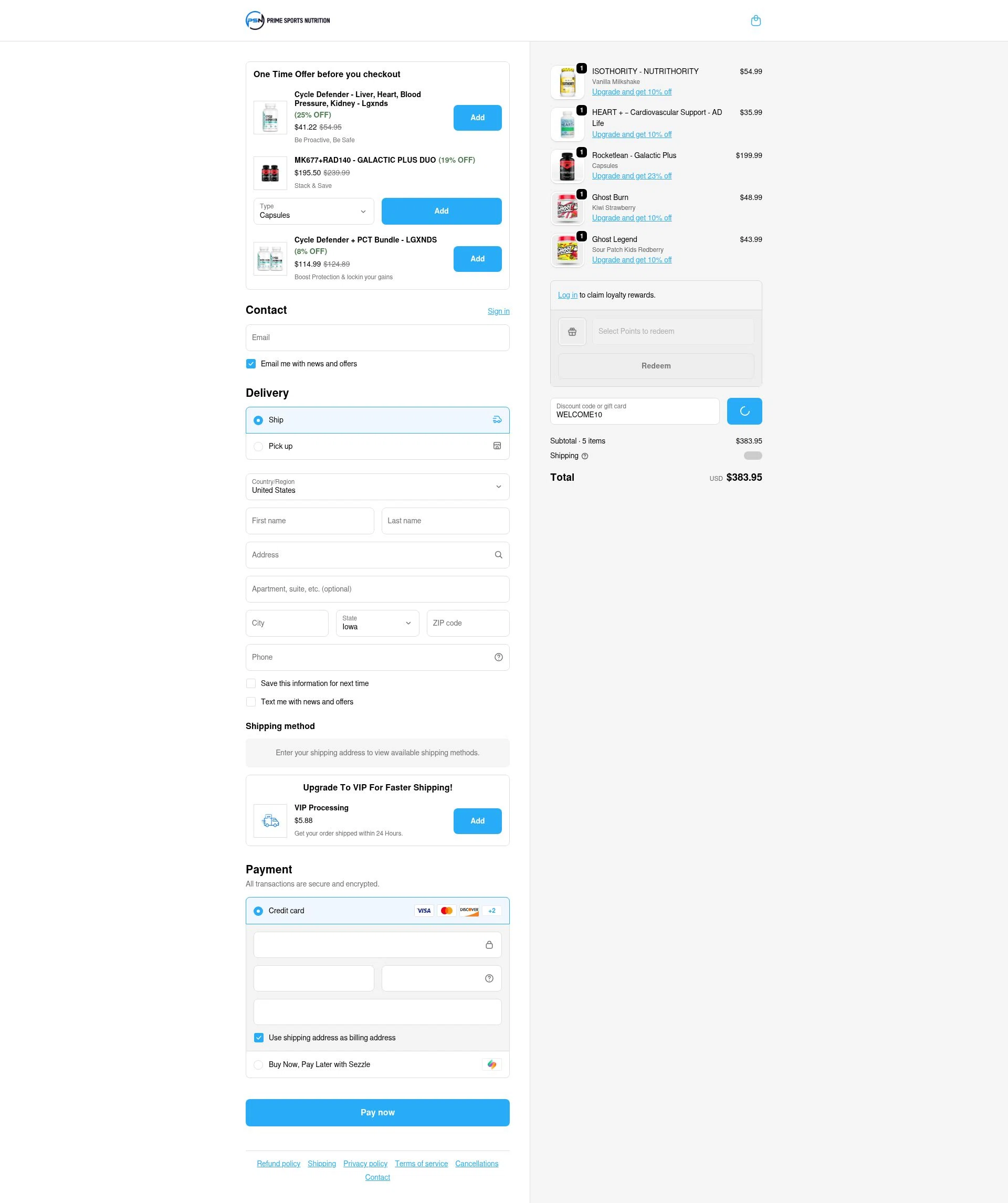 Prime Sports Nutrition checkout page showing Prime Sports Nutrition discount code box | Screenshot taken by SimplyCodes community member on Feb 11, 2026