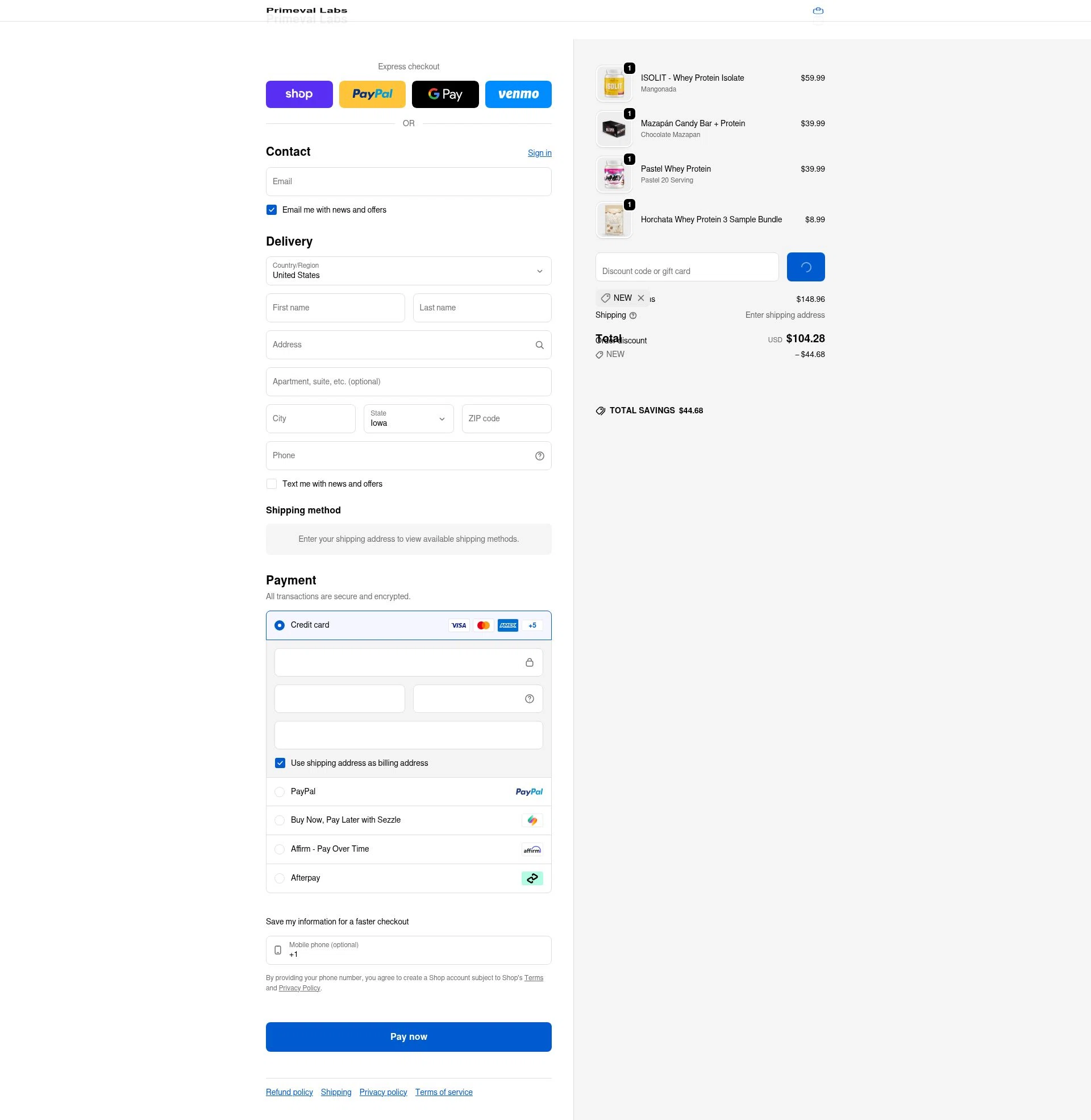 Primeval Labs checkout page showing Primeval Labs promo code box | Screenshot taken by SimplyCodes community member on Feb 10, 2026