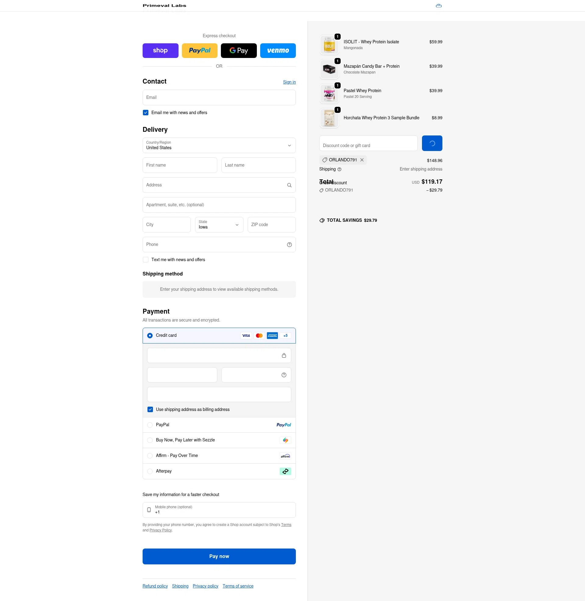 Primeval Labs checkout page showing Primeval Labs promo code box | Screenshot taken by SimplyCodes community member on Feb 10, 2026