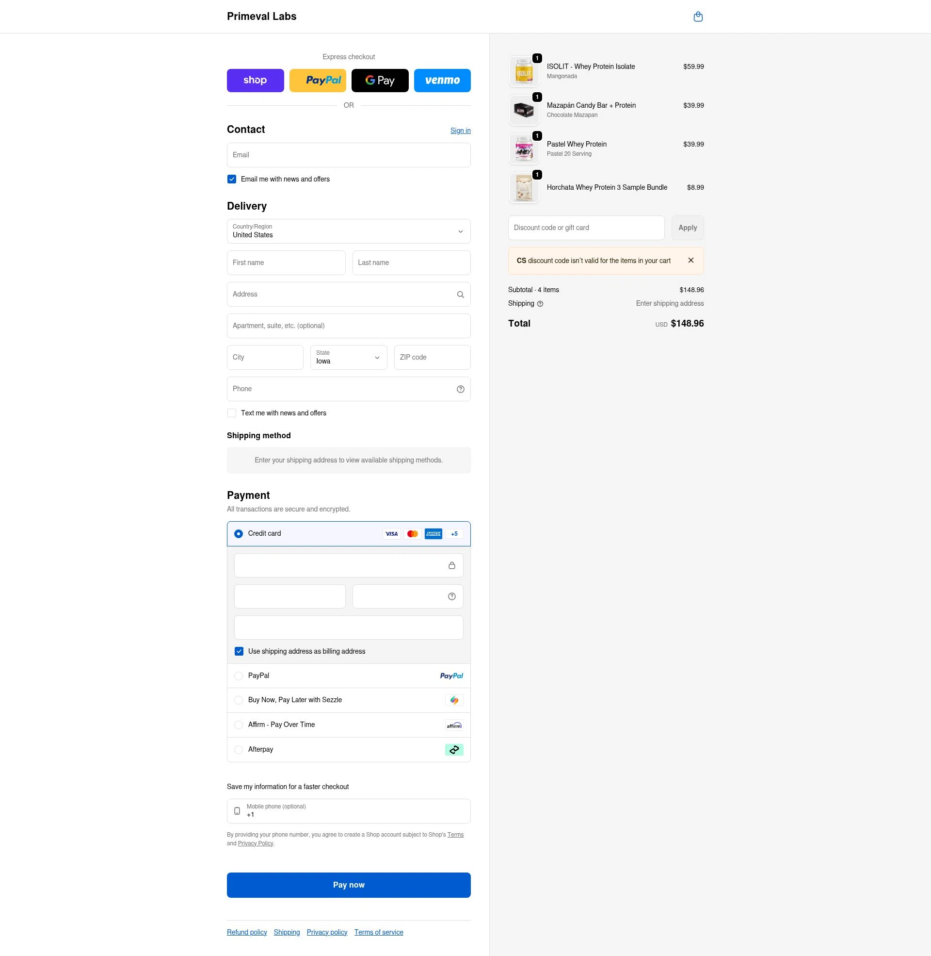 Primeval Labs checkout page showing Primeval Labs promo code box | Screenshot taken by SimplyCodes community member on Feb 10, 2026