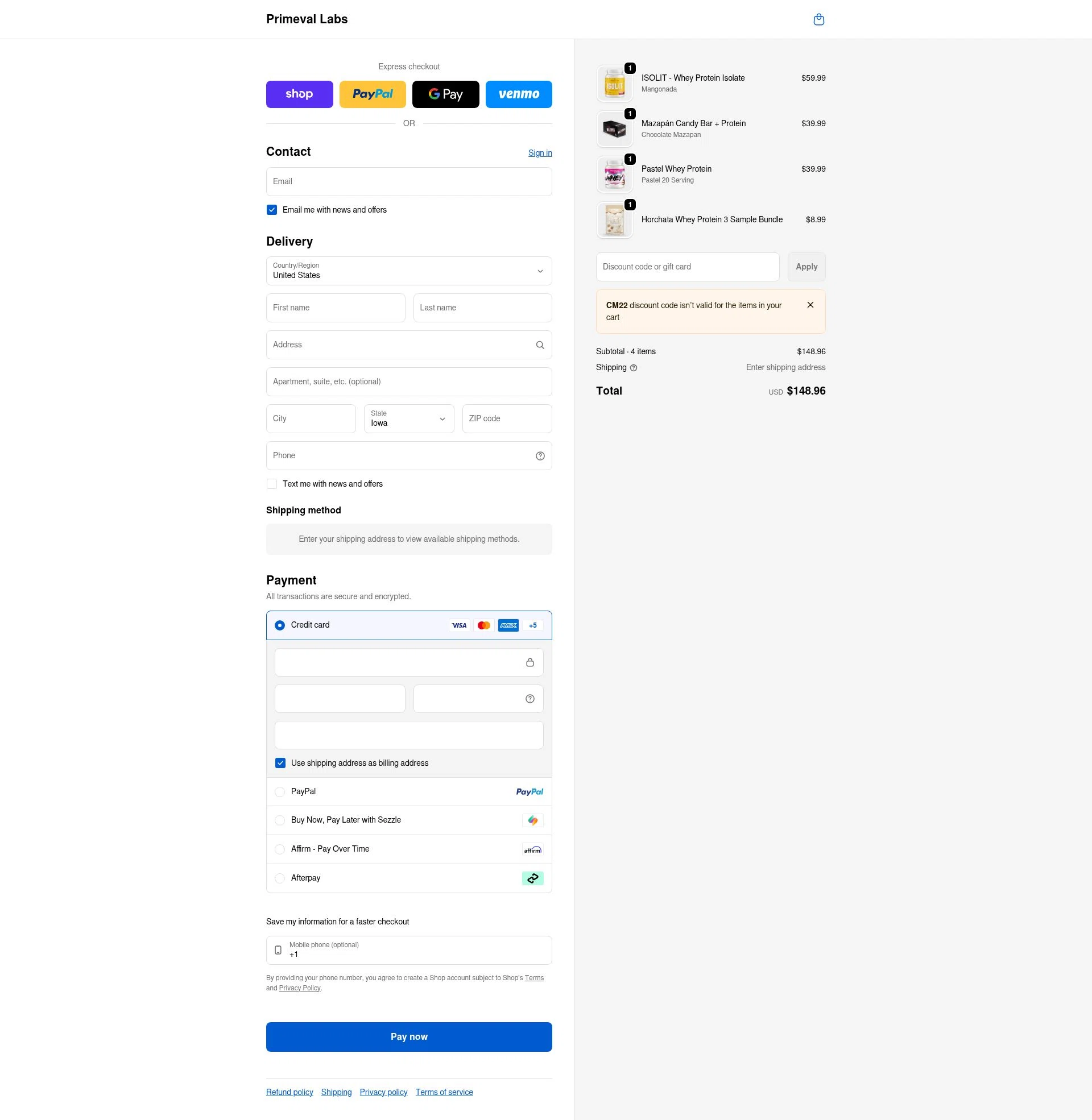 Primeval Labs checkout page showing Primeval Labs promo code box | Screenshot taken by SimplyCodes community member on Feb 10, 2026
