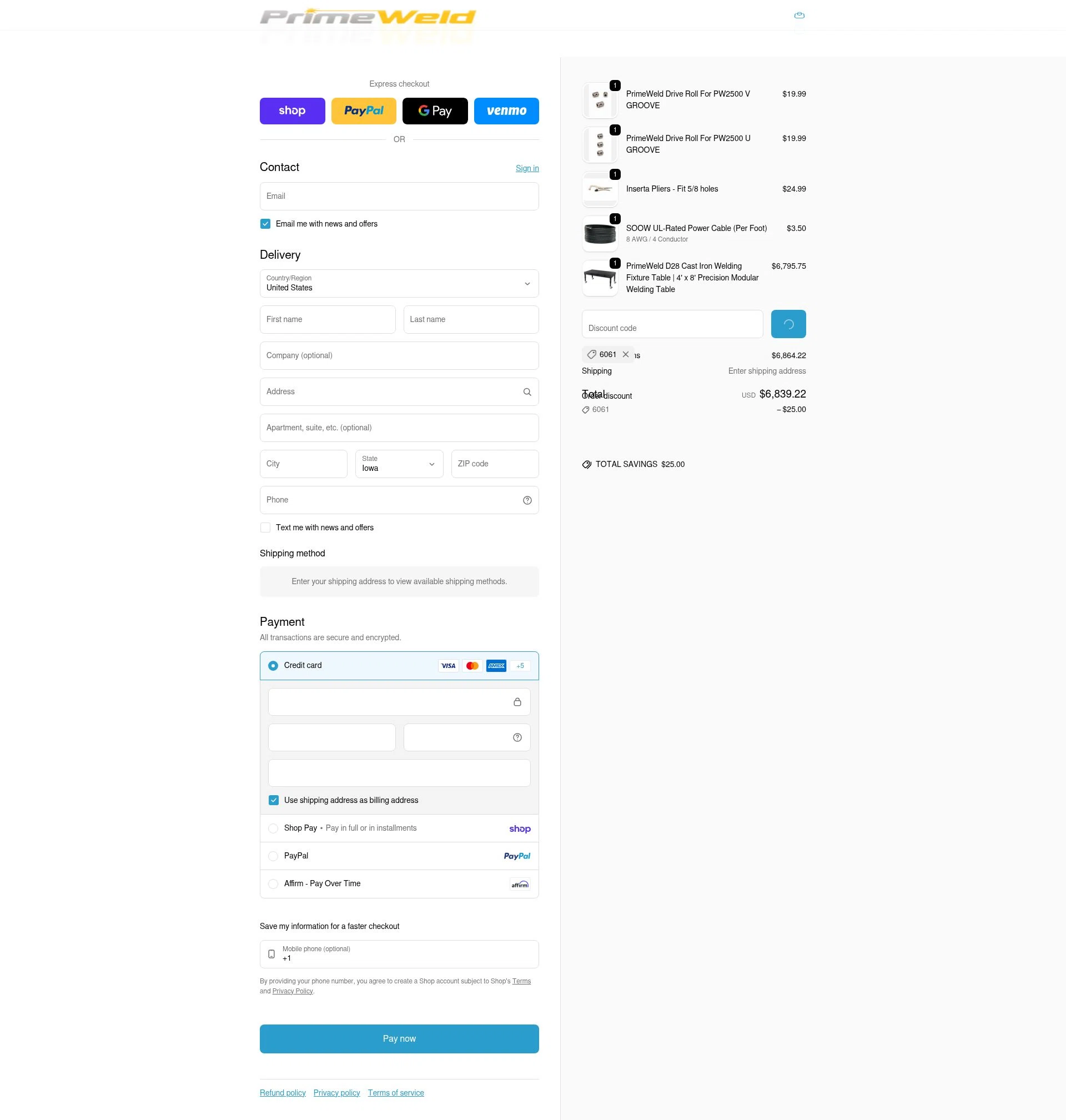 PrimeWeld checkout page showing PrimeWeld discount code box | Screenshot taken by SimplyCodes community member on Feb 2, 2026