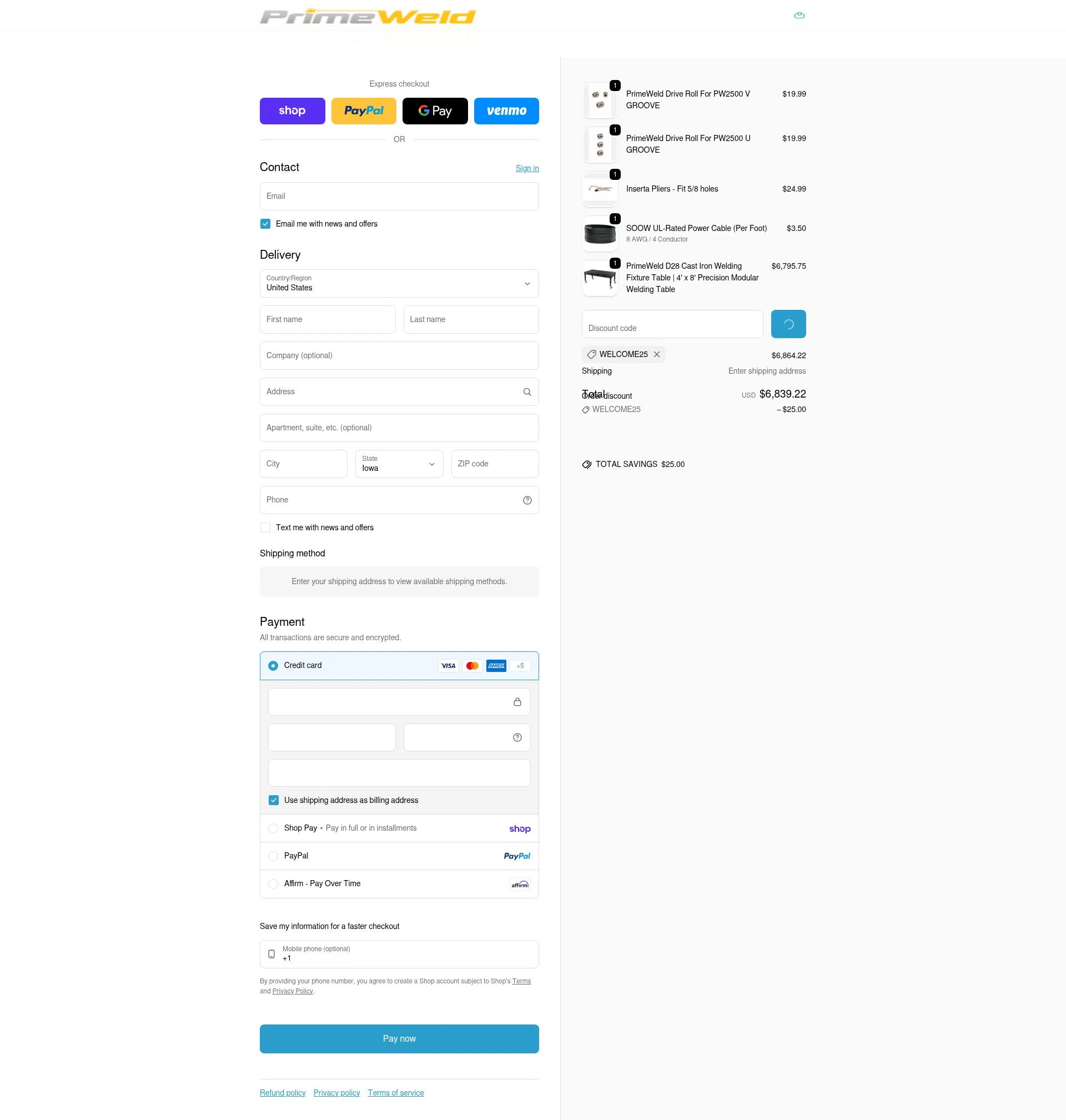 PrimeWeld checkout page showing PrimeWeld discount code box | Screenshot taken by SimplyCodes community member on Feb 6, 2026