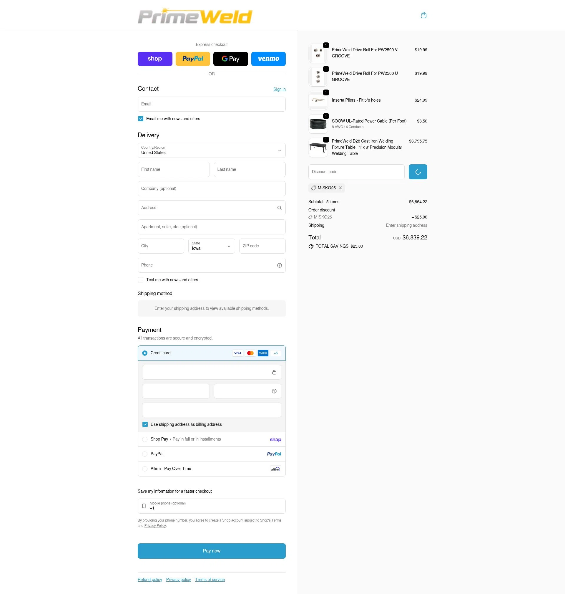 PrimeWeld checkout page showing PrimeWeld discount code box | Screenshot taken by SimplyCodes community member on Feb 6, 2026
