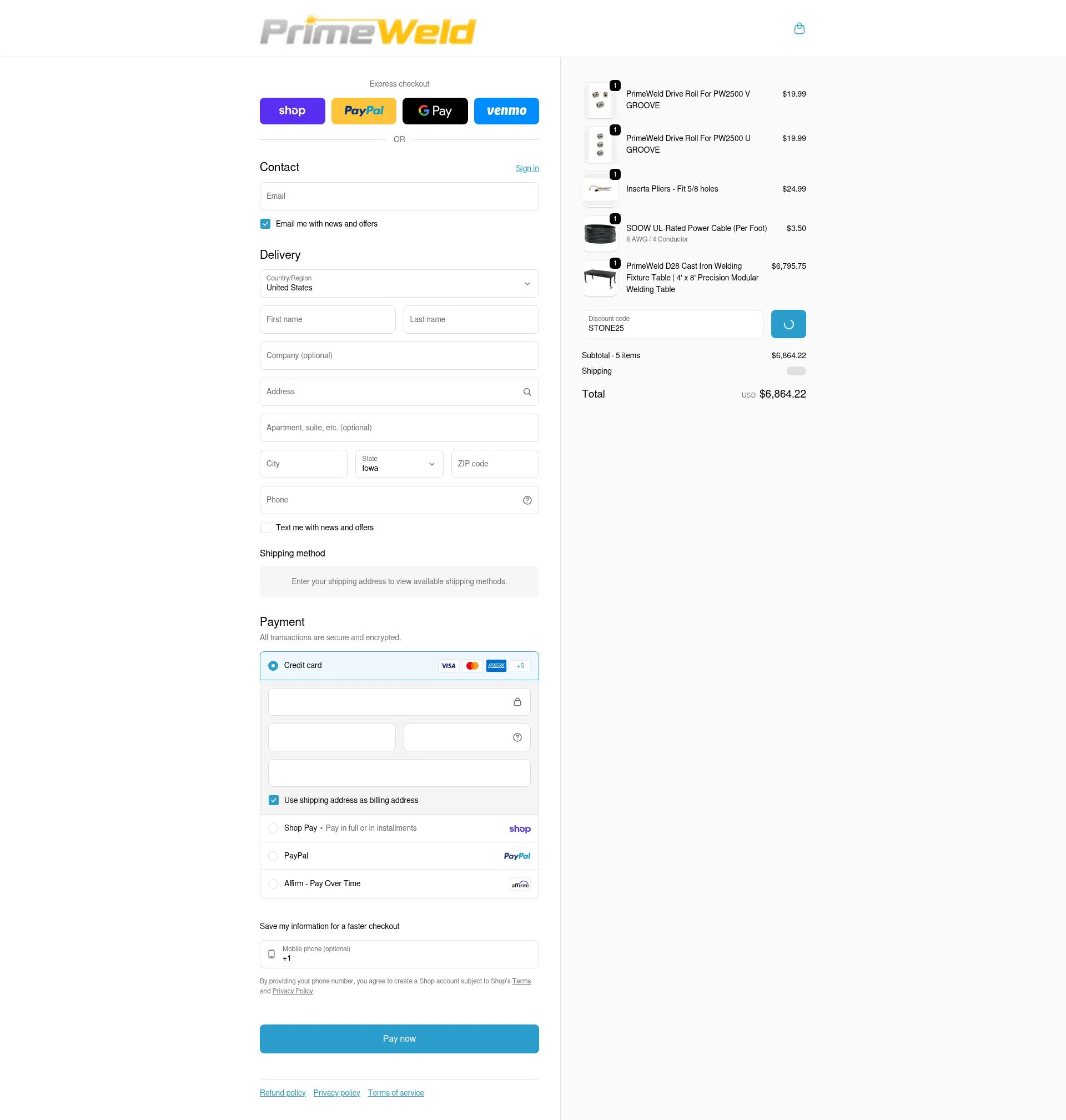 PrimeWeld checkout page showing PrimeWeld discount code box | Screenshot taken by SimplyCodes community member on Feb 6, 2026