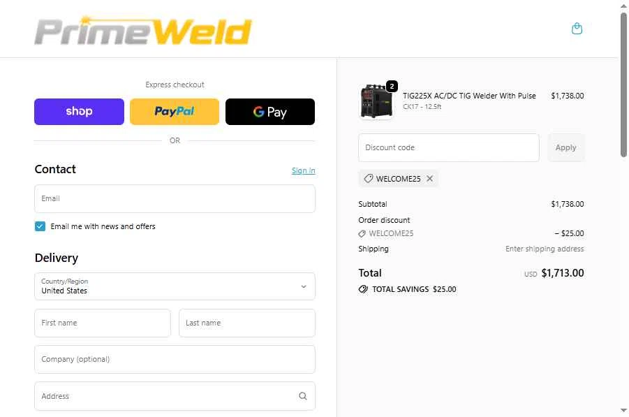 PrimeWeld checkout page showing PrimeWeld discount code box | Screenshot taken by SimplyCodes community member on Feb 2, 2026