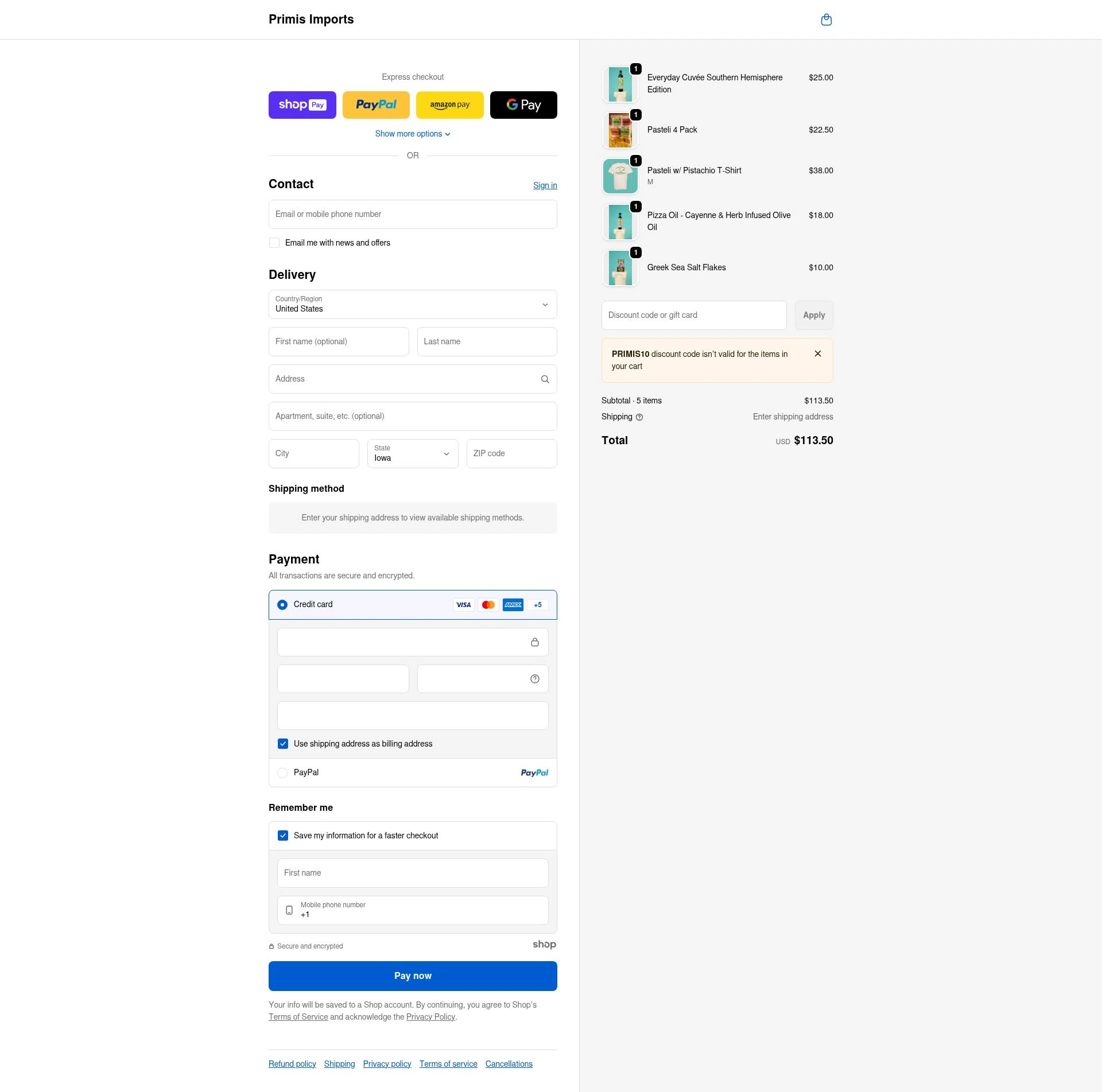 Primis Imports checkout page showing Primis Imports promo code box | Screenshot taken by SimplyCodes community member on Jan 7, 2026