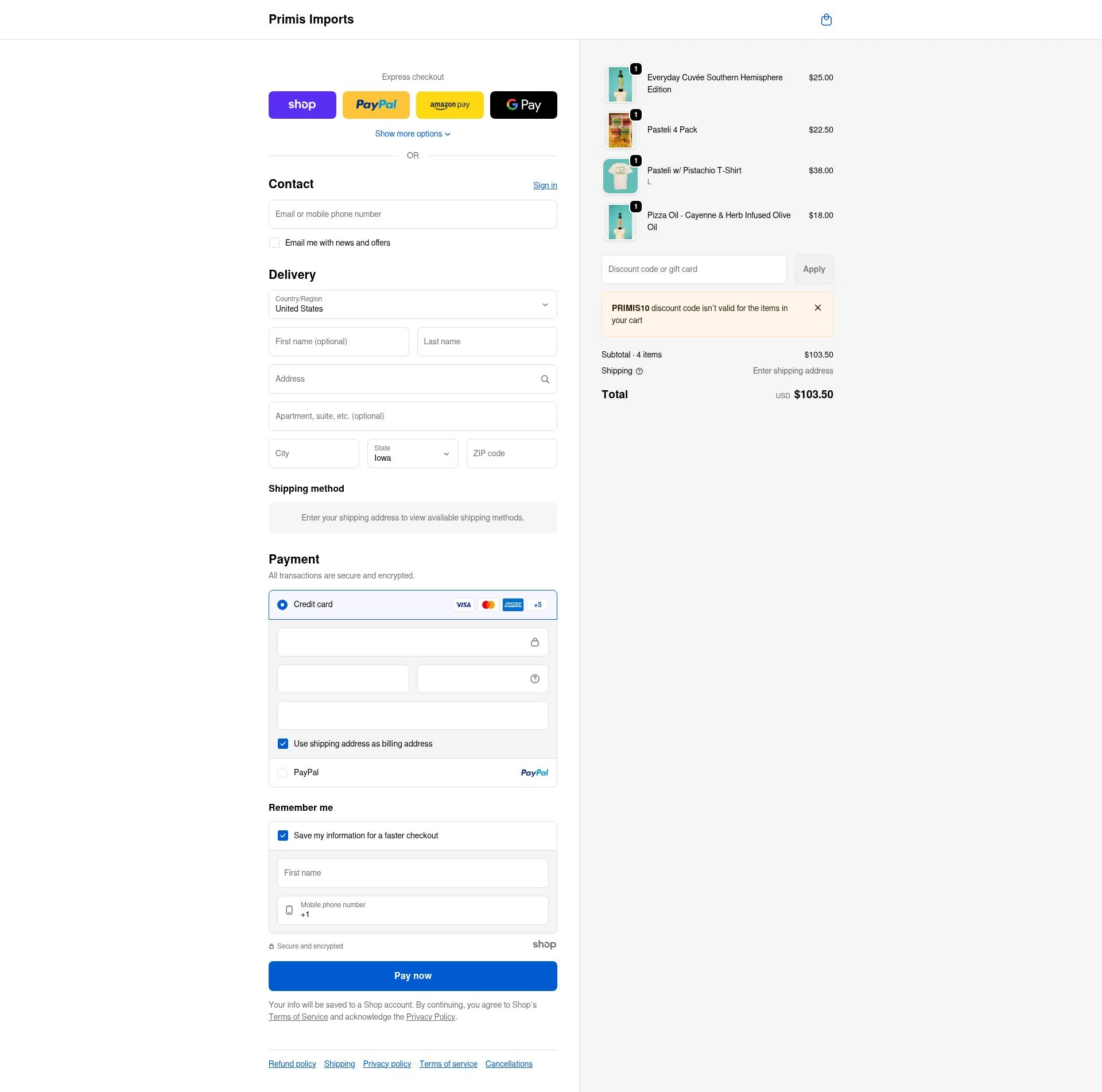 Primis Imports checkout page showing Primis Imports promo code box | Screenshot taken by SimplyCodes community member on Dec 28, 2025