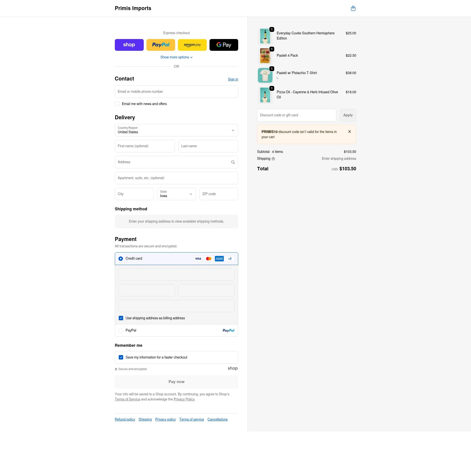 Primis Imports checkout page showing Primis Imports promo code box | Screenshot taken by SimplyCodes community member on Dec 23, 2025
