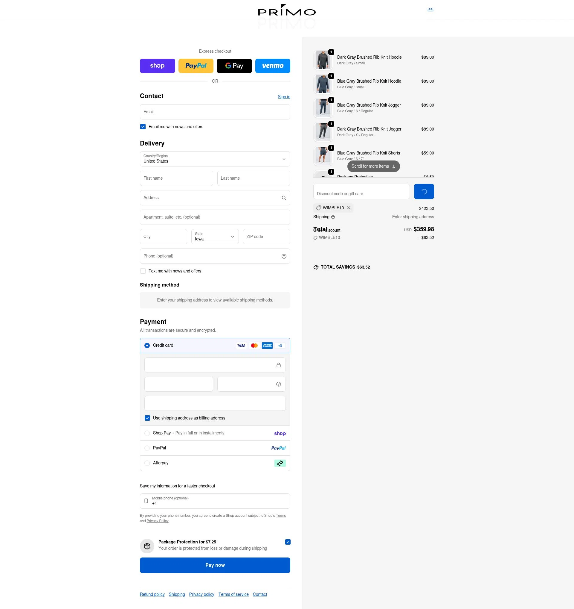 Primo Golf Apparel checkout page showing Primo Golf Apparel discount code box | Screenshot taken by SimplyCodes community member on Feb 10, 2026