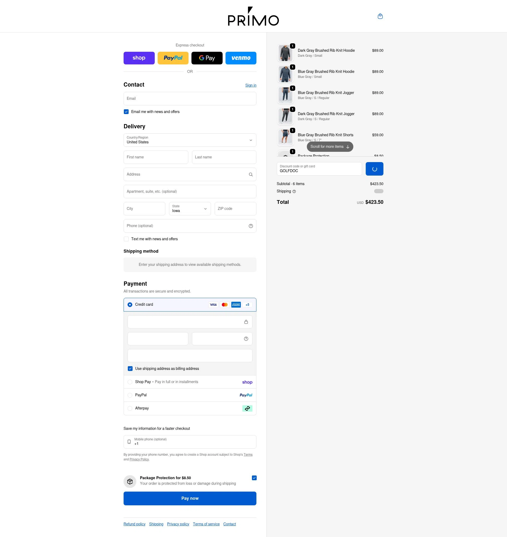 Primo Golf Apparel checkout page showing Primo Golf Apparel discount code box | Screenshot taken by SimplyCodes community member on Feb 10, 2026