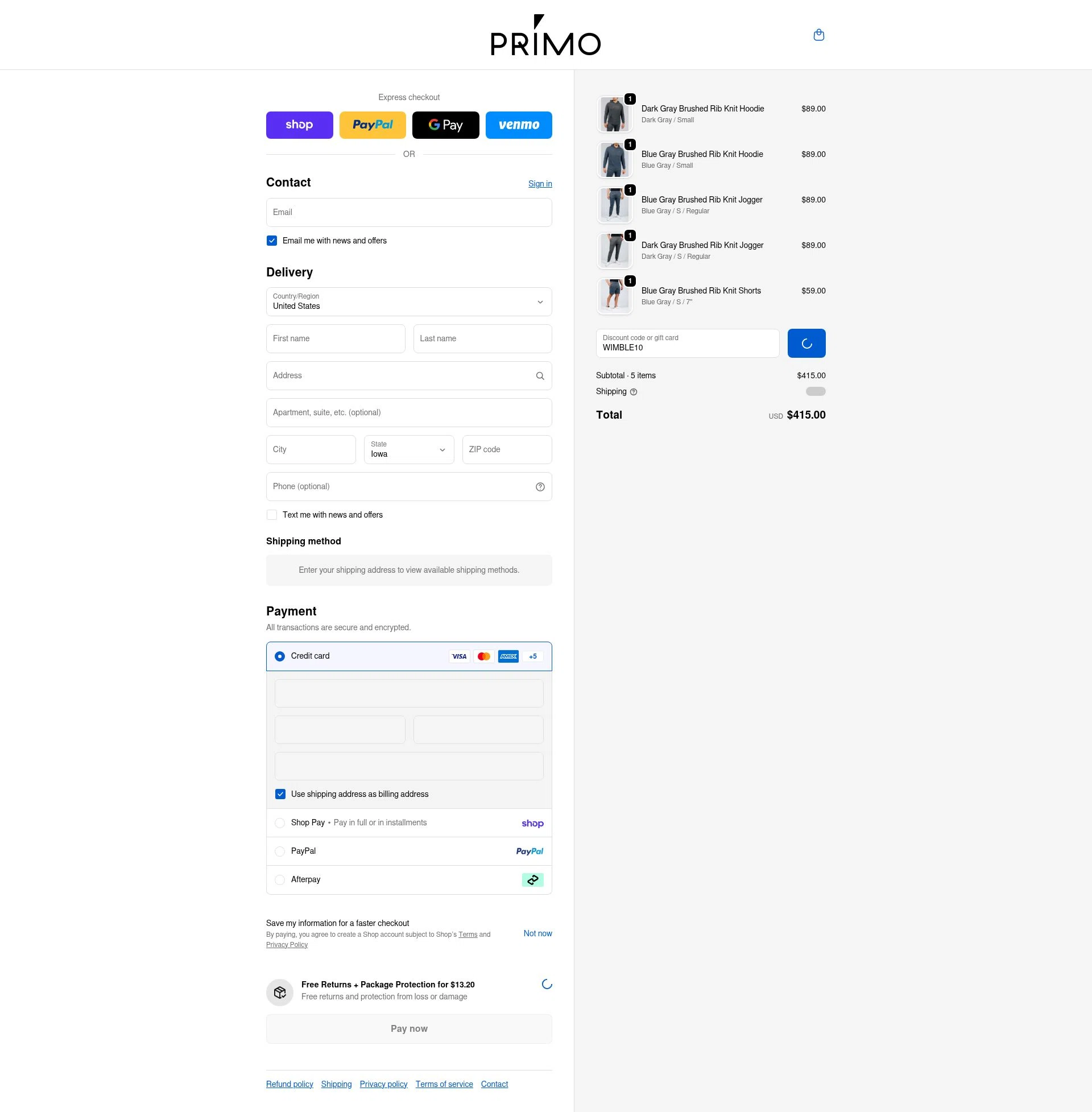 Primo Golf Apparel checkout page showing Primo Golf Apparel discount code box | Screenshot taken by SimplyCodes community member on Feb 15, 2026