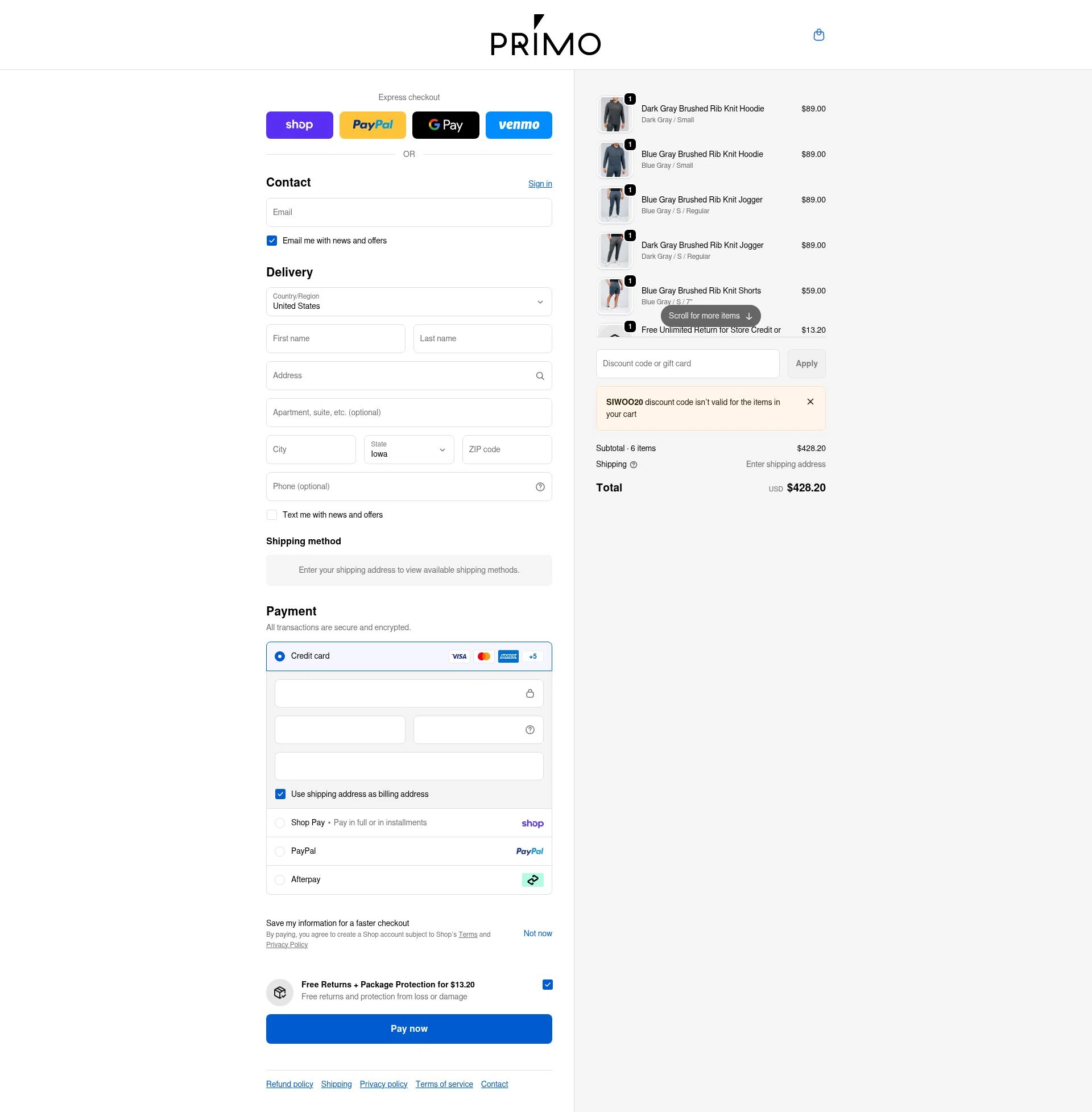 Primo Golf Apparel checkout page showing Primo Golf Apparel discount code box | Screenshot taken by SimplyCodes community member on Feb 15, 2026