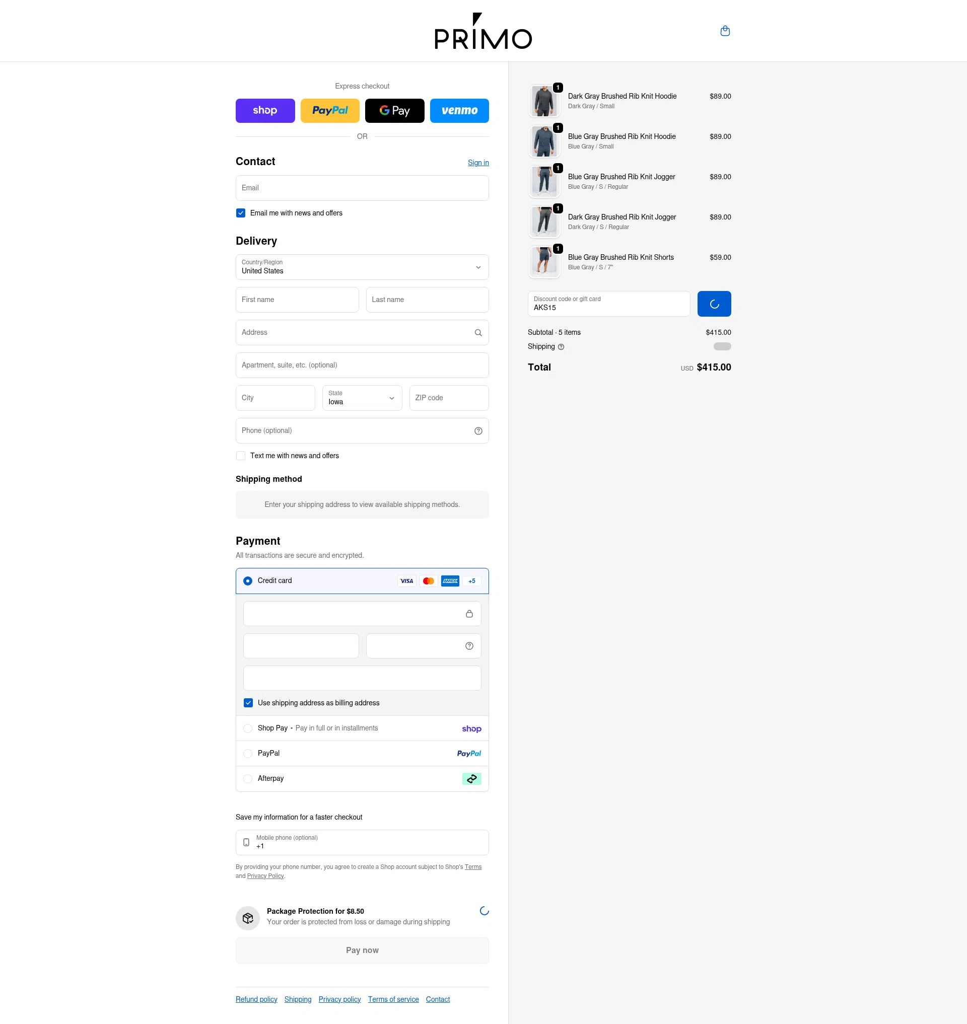 Primo Golf Apparel checkout page showing Primo Golf Apparel discount code box | Screenshot taken by SimplyCodes community member on Feb 10, 2026