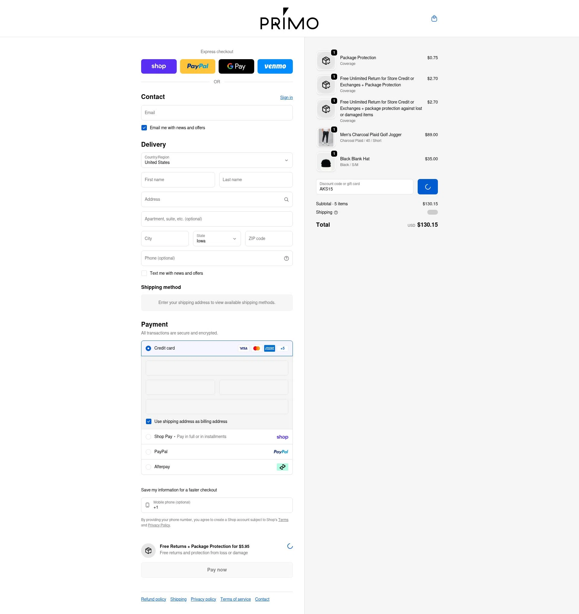 Primo Golf Apparel checkout page showing Primo Golf Apparel discount code box | Screenshot taken by SimplyCodes community member on Feb 19, 2026