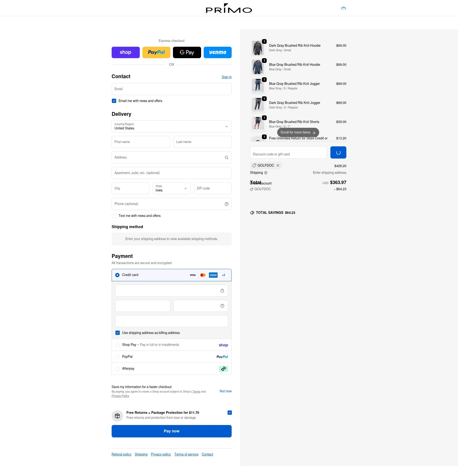 Primo Golf Apparel checkout page showing Primo Golf Apparel discount code box | Screenshot taken by SimplyCodes community member on Feb 15, 2026
