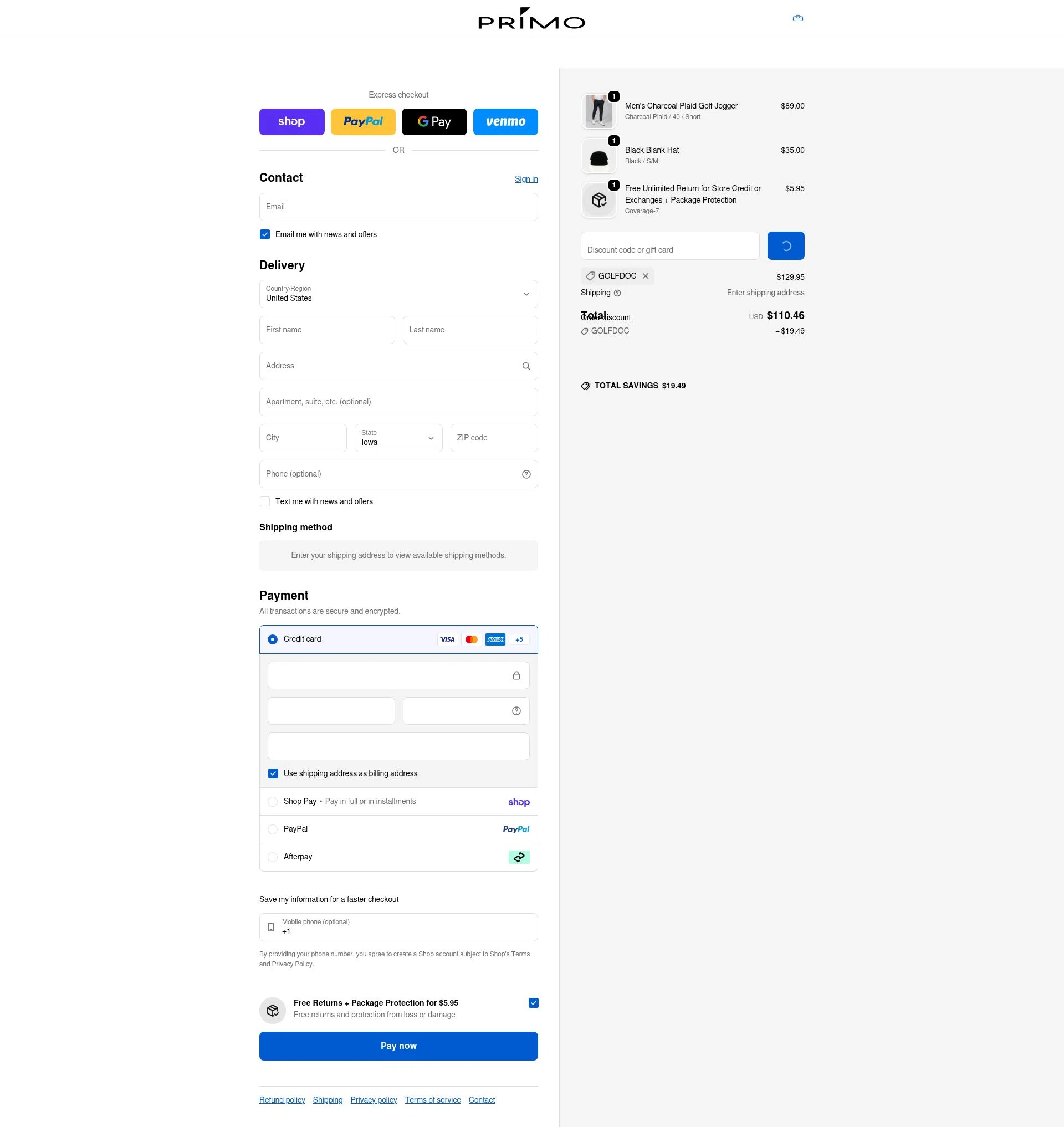 Primo Golf Apparel checkout page showing Primo Golf Apparel discount code box | Screenshot taken by SimplyCodes community member on Feb 19, 2026
