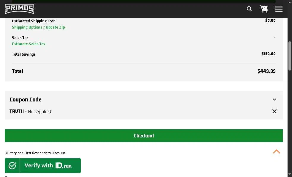 Primos Hunting checkout page showing Primos Hunting discount code box | Screenshot taken by SimplyCodes community member on Nov 29, 2025
