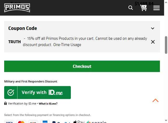 Primos Hunting checkout page showing Primos Hunting discount code box | Screenshot taken by SimplyCodes community member on May 21, 2025